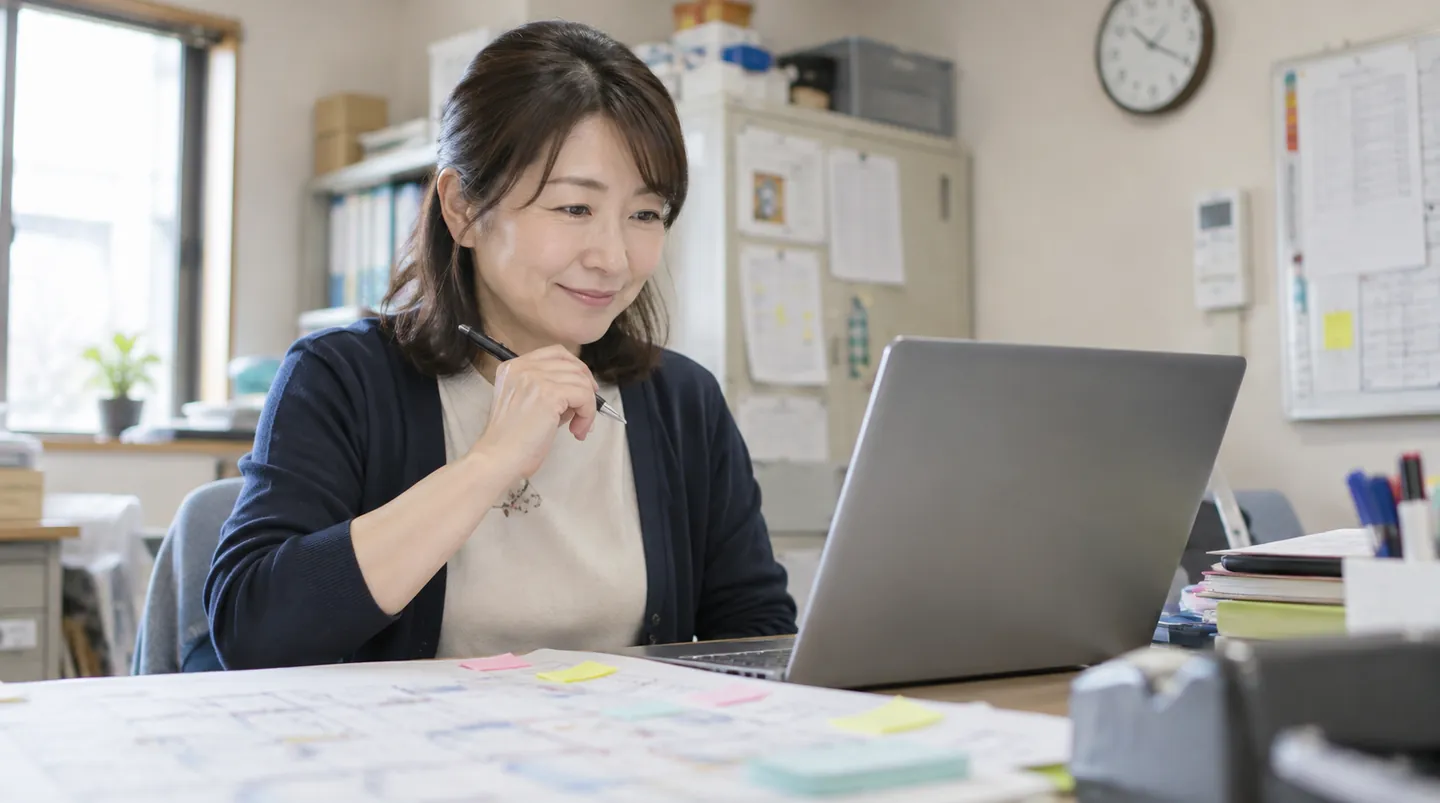 付箋を貼った紙のシフト表を横に、ノートパソコンを見てほっとした表情のサービス提供責任者