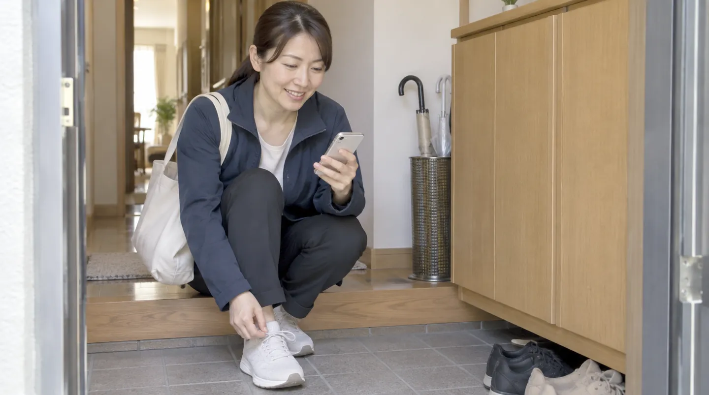 自宅の玄関で靴を履きながら、スマートフォンで今日の訪問予定を確認するヘルパー