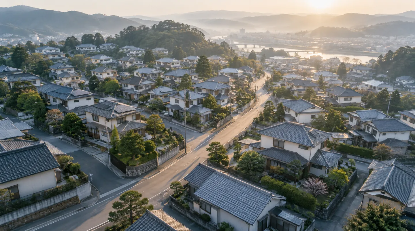 朝の光に包まれた住宅街を上空から見下ろした風景と、家々を結ぶ道