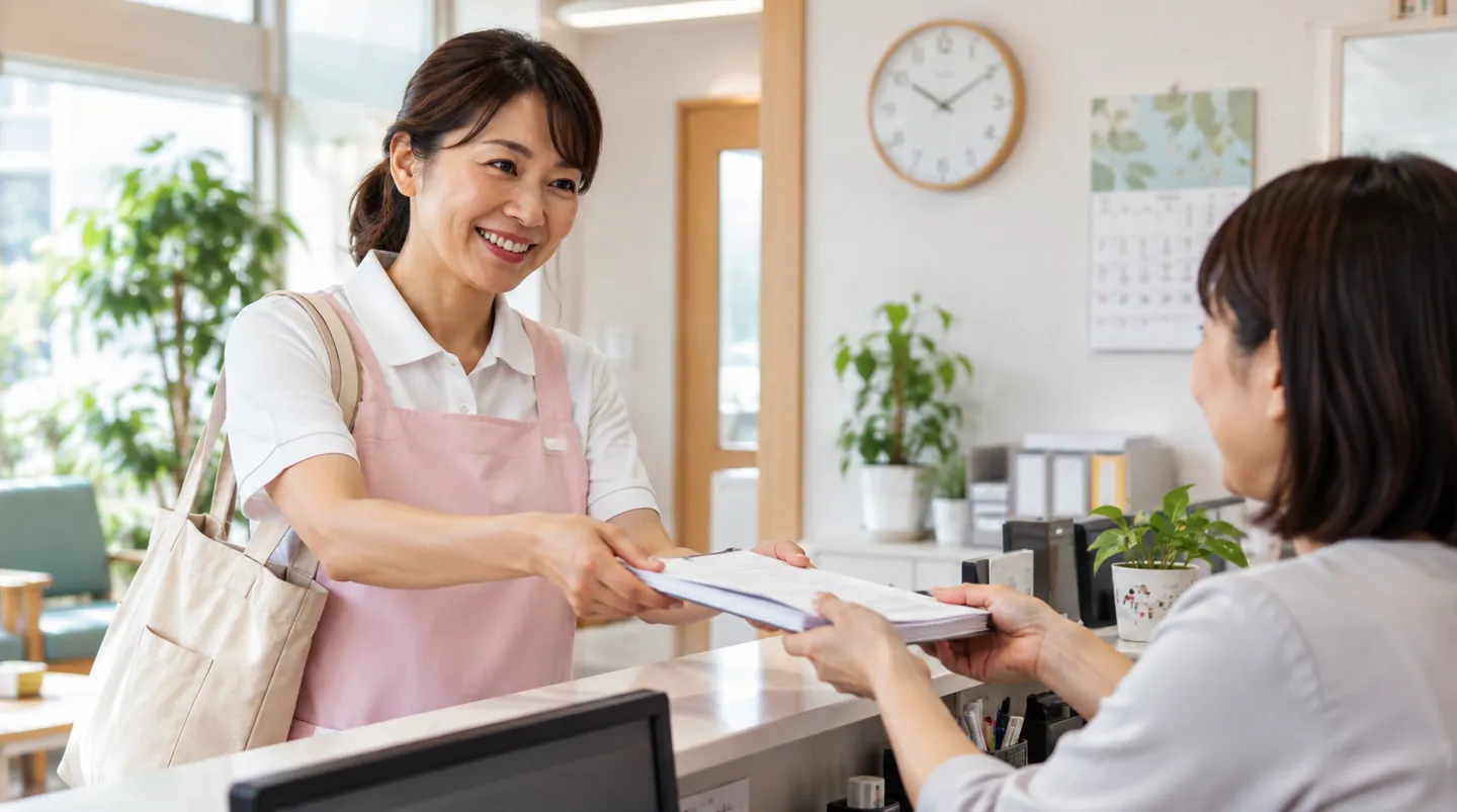 事務所の受付で紙の訪問記録の束を手渡すヘルパー