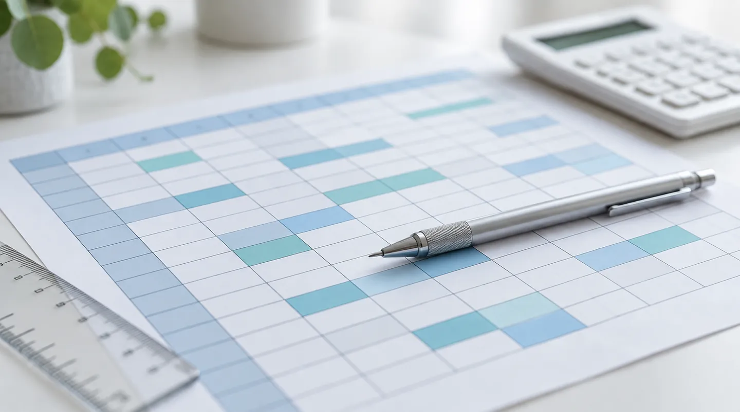 色分けされた勤務表のマス目と、シャープペンシル・電卓
