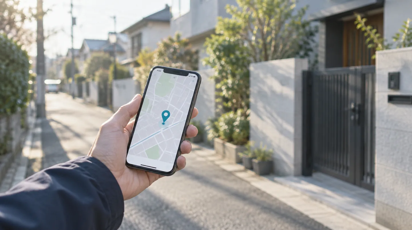 住宅街の道で、地図に現在地のピンが立ったスマートフォンを確認する手元