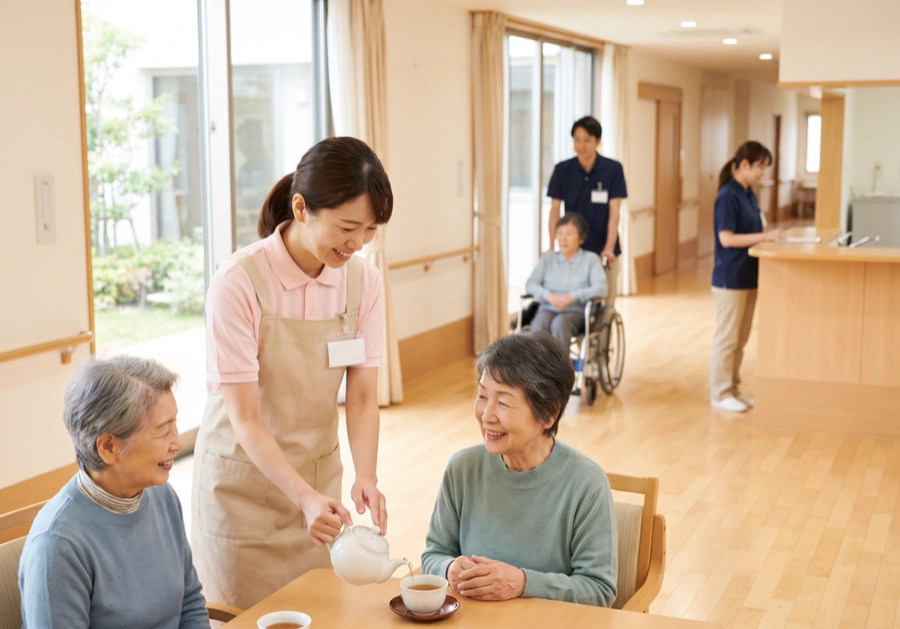 入居者様にお茶を注ぐ介護スタッフ