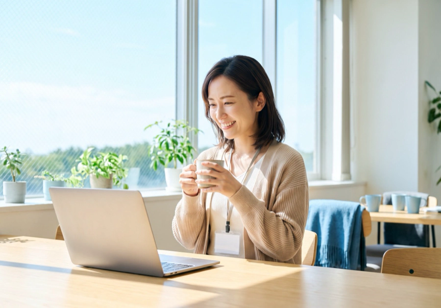 AIが作成したモニタリングを横に、コーヒーを片手にくつろぐ支援員