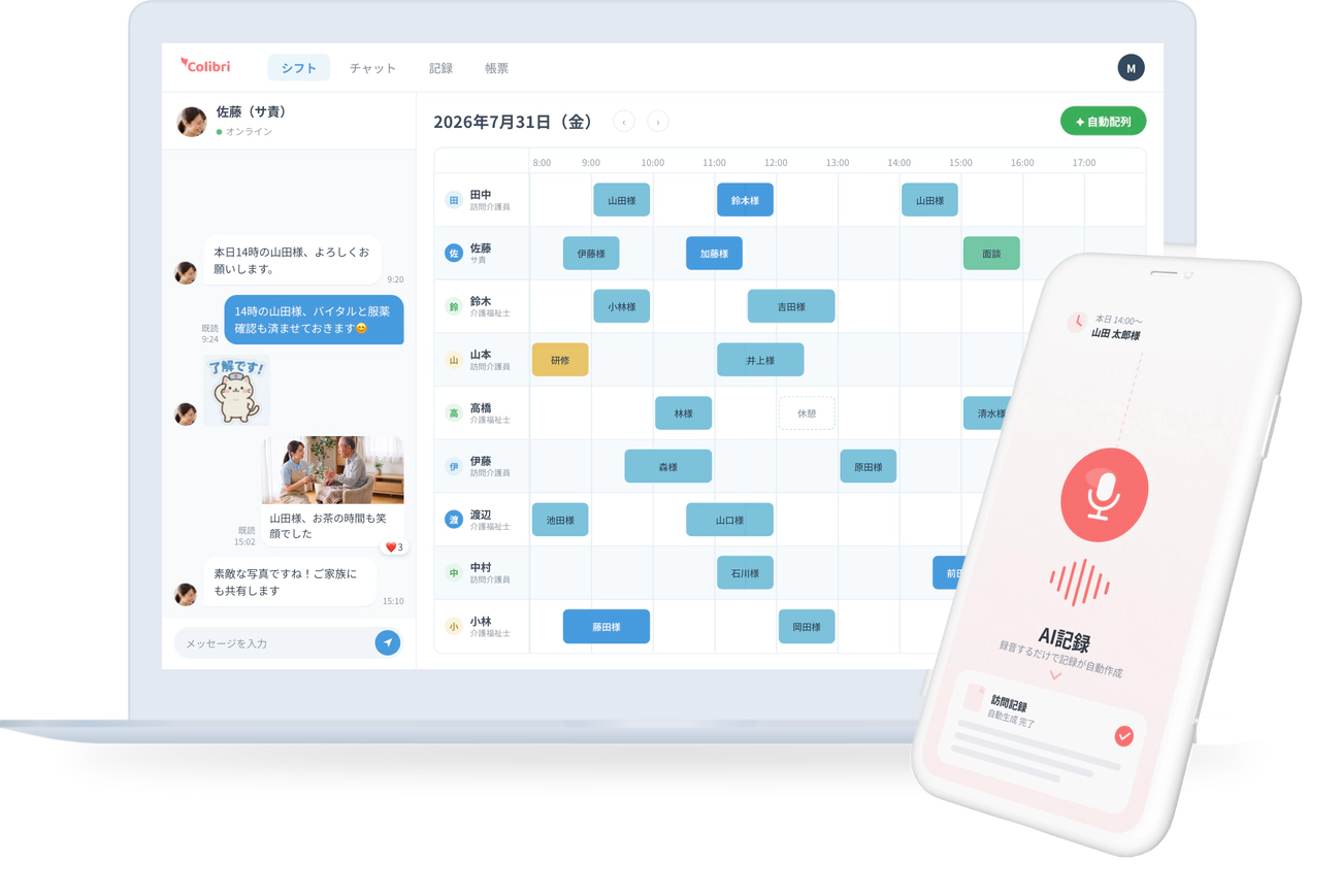 Colibriのシフト管理・チャット・AI音声記録画面