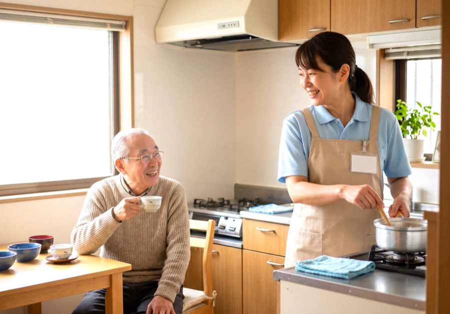 ご利用者様と会話しながら調理するヘルパー