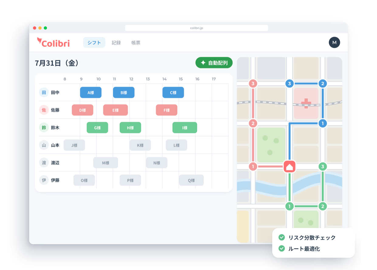 Colibriの訪問看護シフト画面とルート地図、リスク分散チェック